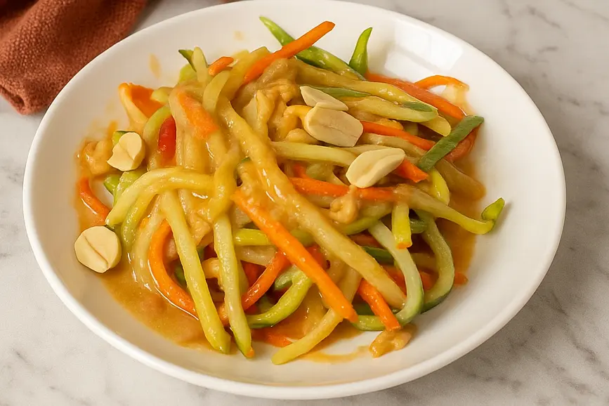 Close-up of a colorful veggie slaw with crushed peanuts added last for crunch, chilled to enhance flavors and spices.