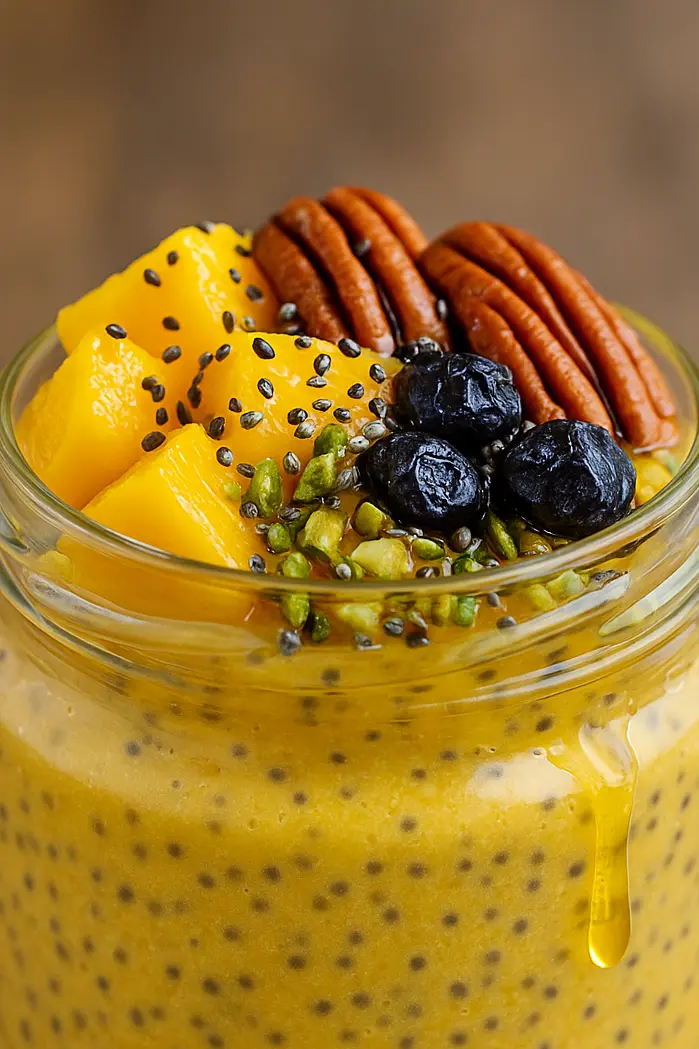 Glass jar filled with mango chia pudding topped with mango chunks, pecans, pistachios, dried blueberries, and honey drizzle.