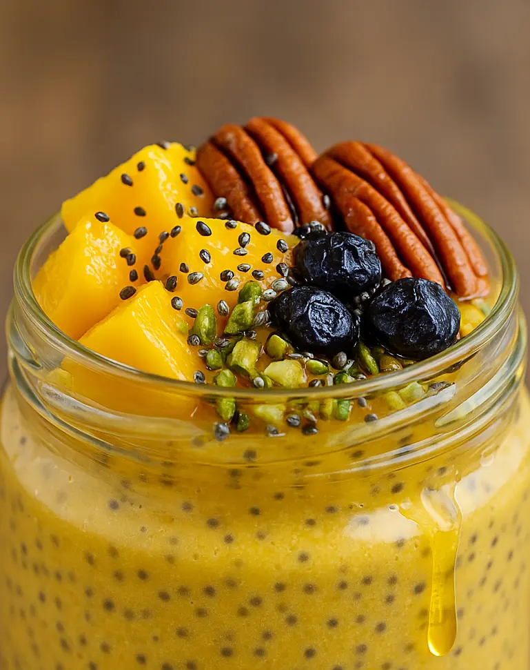 Creamy Mango Oats Chia Pudding – No Cook Breakfast Creamy mango oat chia pudding in a jar, finished with colorful toppings like nuts, seeds, berries, and a golden drizzle of honey.