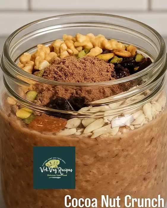 Creamy overnight oats blend in a bowl, garnished with pistachios, almonds, walnuts, and grated dark chocolate