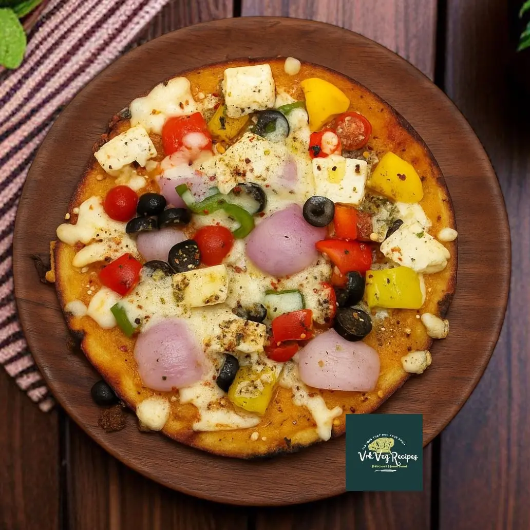 Gluten-free Indian pizza made with protein-packed moong dal and loaded with veggies, cheese, and pizza sauce.