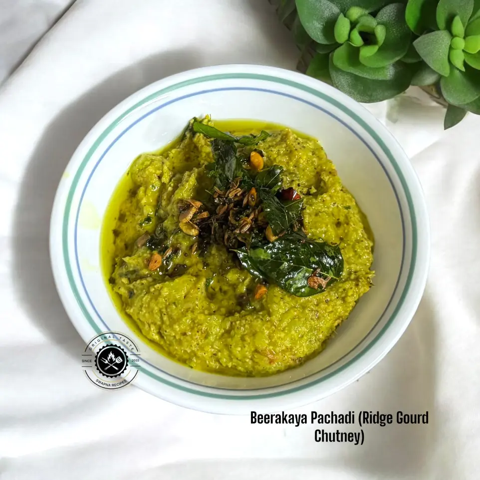 Andhra-style Beerakaya chutney with garlic tempering, ridge gourd, dal, and spices—perfect with rice or roti for a homestyle Indian meal.