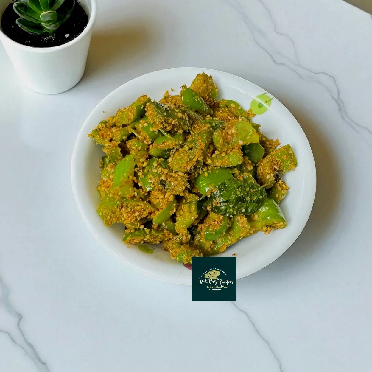 Indian Sesame Masala Capsicum Sabzi Fragrant sesame-spiced capsicum sabzi topped with coriander and served fresh in a rustic Indian platter.
