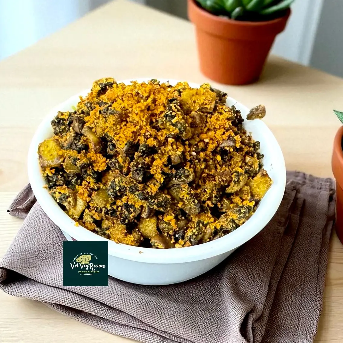 Crispy fried bitter gourd tossed in spicy garlic peanut curry masala, perfect with hot steamed rice or dal.