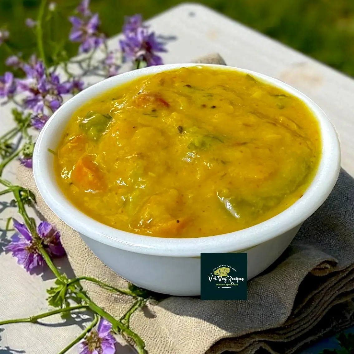 Traditional vakaya dal with a mix of toor, chana, and moong dals, tempered with spices and finished with ghee.