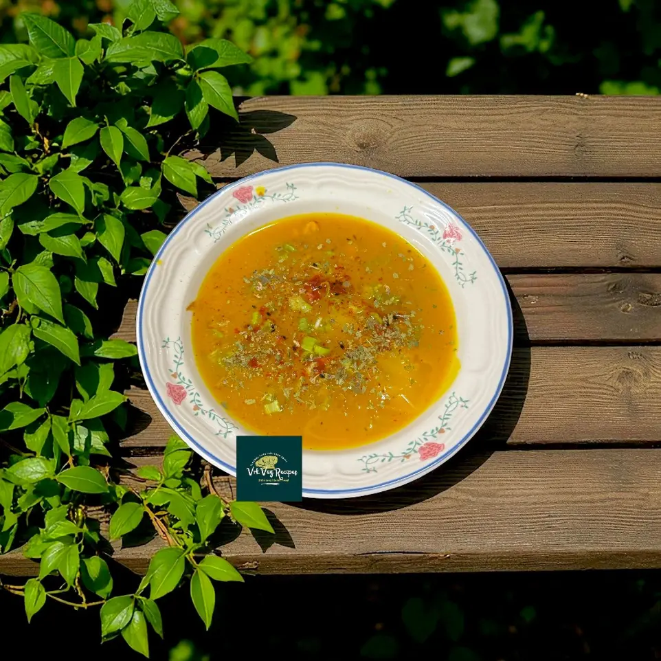 Golden Pumpkin Soup – Warm, Spicy & Comforting Bowl Creamy yellow pumpkin soup garnished with caramelized onions, golden garlic, and parsley, served piping hot with a buttery finish and a sprinkle of spice.