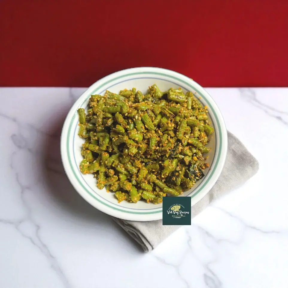 Cowpea beans sautéed with sesame masala, red chilli, turmeric, and coriander after a fragrant tadka—simple vegetarian South Indian fry for quick meals.