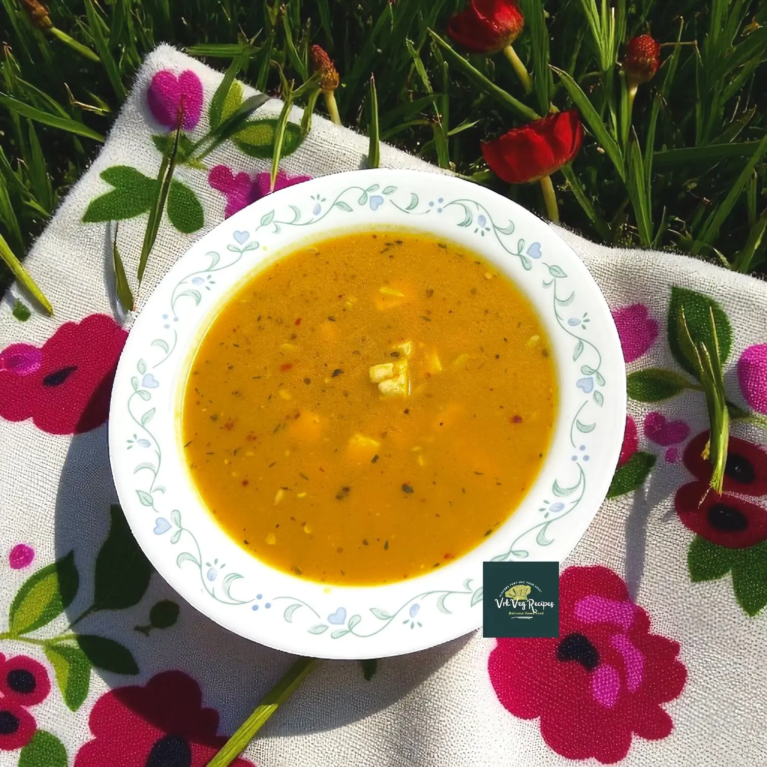 A bowl of Pumpkin Paneer Sunflower Seed Soup with creamy pumpkin puree, paneer cubes, and nutty sunflower seeds in a spiced Italian seasoning base.