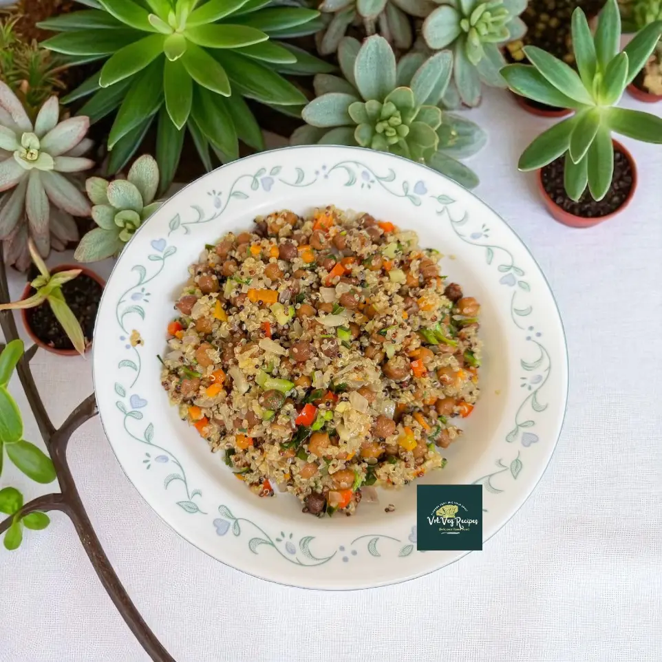 Healthy quinoa stir-fry with brown chana, carrots, zucchini, and capsicum – a quick, delicious, and protein-packed Indian fusion recipe.