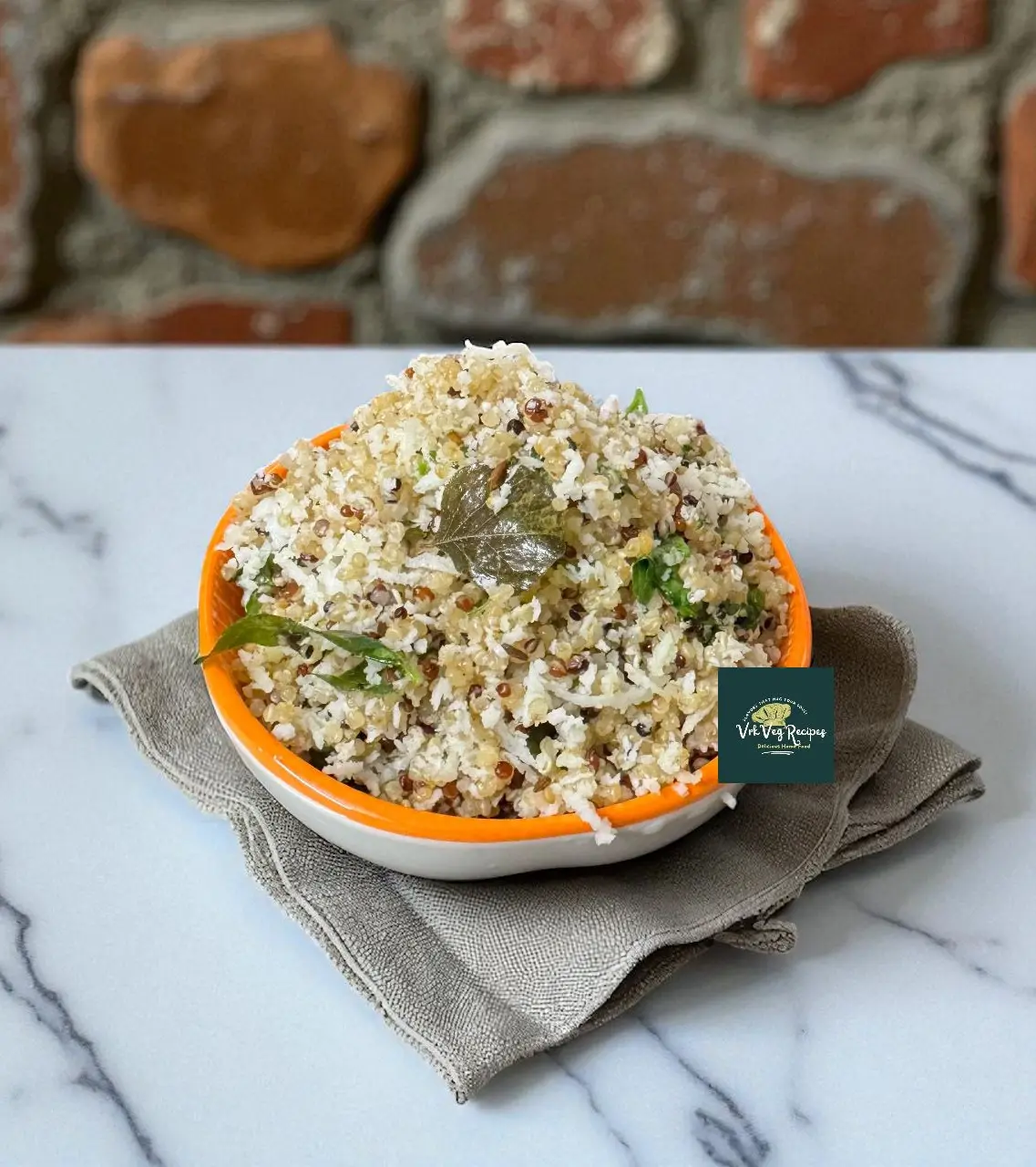 A vibrant plate of Curried Quinoa with Coconut and Curry Leaves, healthy Indian-inspired stir-fry, garnished with fresh curry leaves.