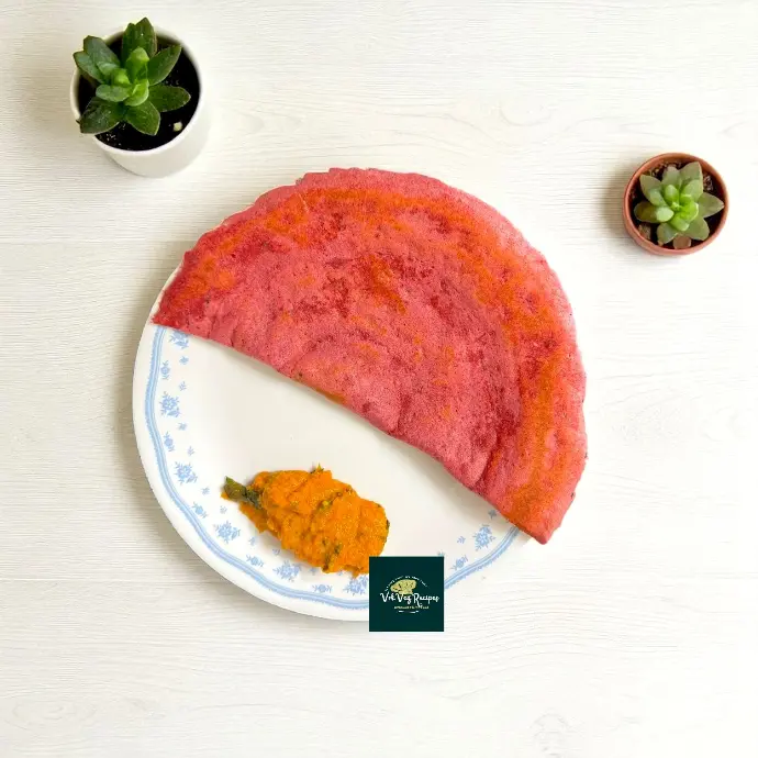 Beetroot Oats Masoor Dal Dosa – Colorful & Tasty Healthy beetroot oats masoor dal dosa on a plate, crispy outside and soft inside, bursting with earthy flavor and natural beetroot color.
