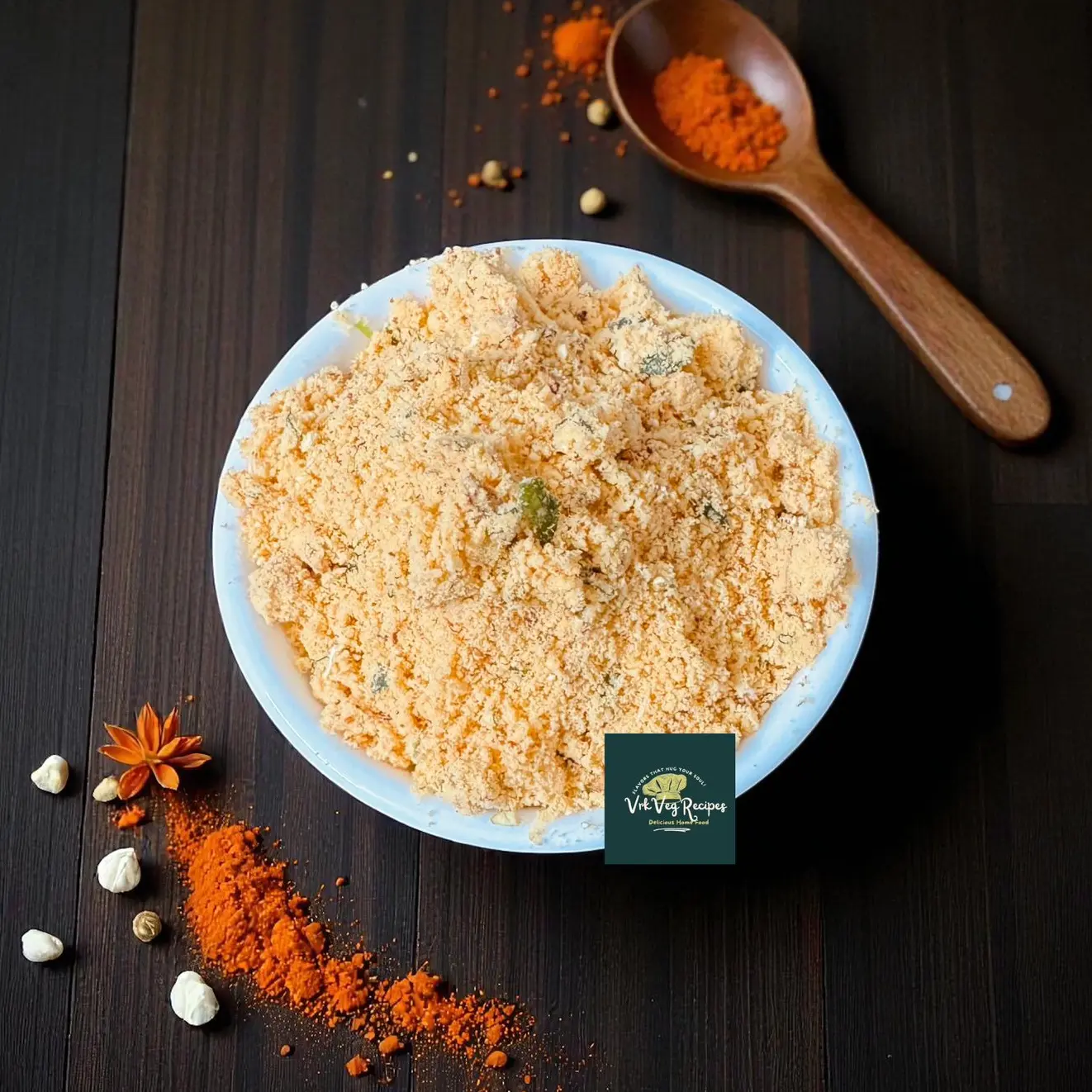 Garlic Curry Leaf Chana Dry Coconut Podi with spicy roasted chana, red chillies, and fried curry leaves — perfect for idli, dosa, or hot steamed rice.