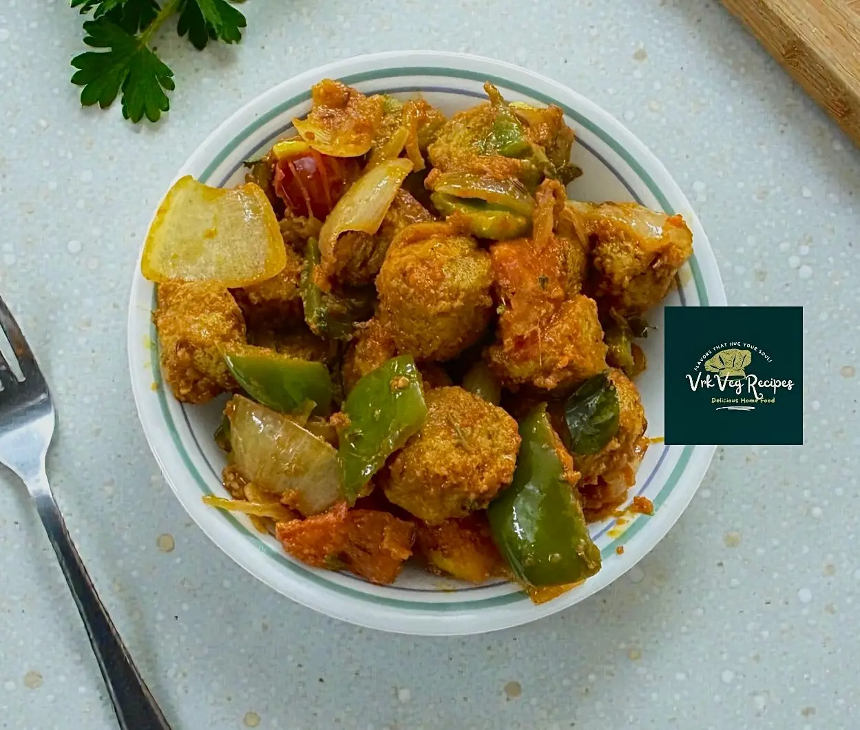 Homemade kadai soya chunk sabzi prepared with tomato base, aromatic spices and fresh coriander, perfect protein-rich Indian vegetarian food.